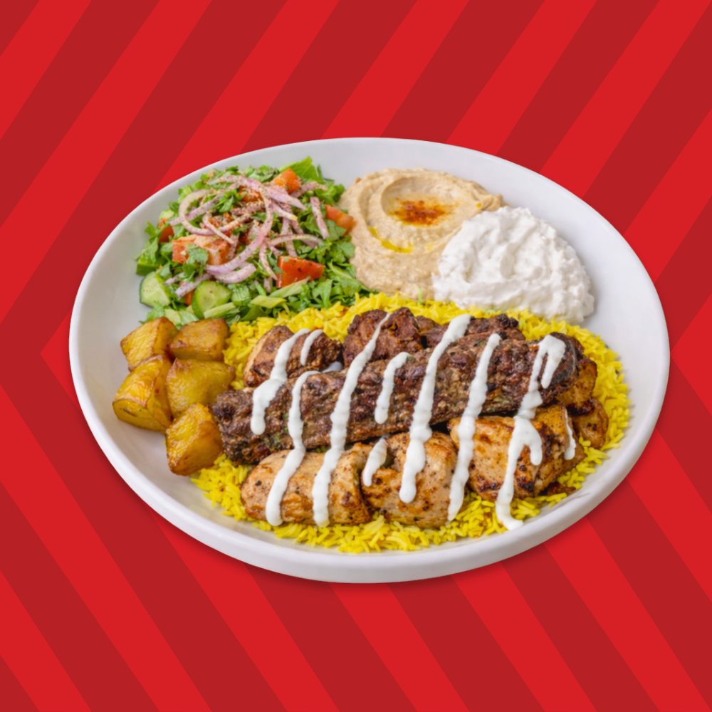 Meat mania plate with rice, salad and garlic sauce – Basha Bites